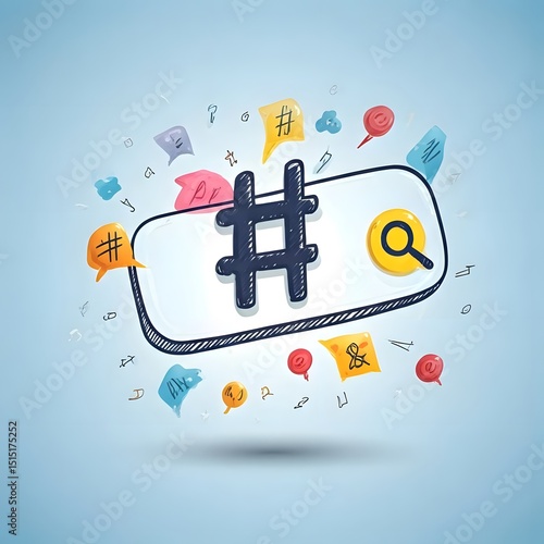  A hand-drawn icon of a hashtag being typed into a search bar, surrounded by trending topics and digital chatter
