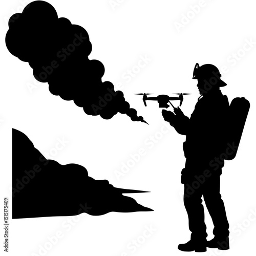 Firefighter with drone evaluating smoke, emergency aerial surveillance concept