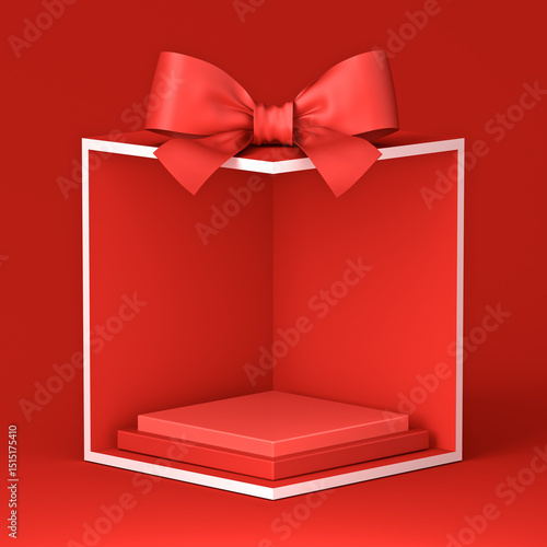 Blank red squares podium pedestals in exhibition booth gift box corner product display mockup showcase stand with red ribbon bow isolated on dark red background creative conceptual idea 3D rendering