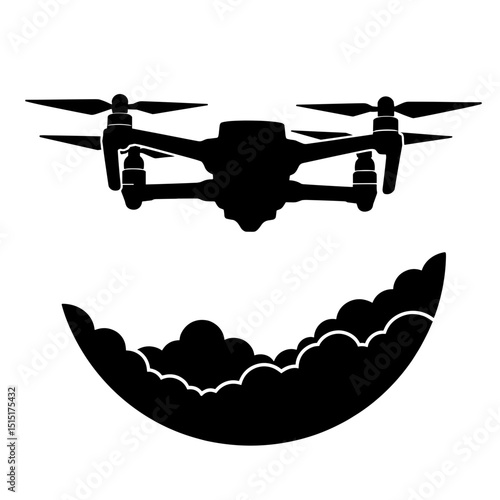 Silhouette of drone with sensors hovering above clouds, meteorological research