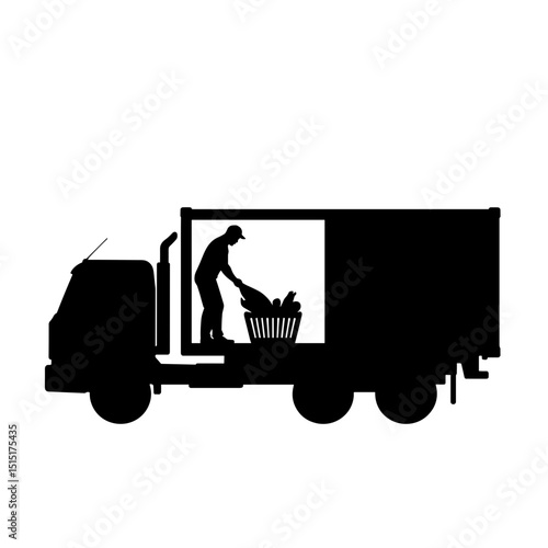 Truck loading produce in refrigerated smart container silhouette, AgTech logistics