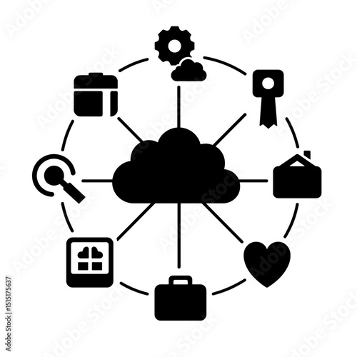 Cloud hub with workspace icons, SaaS centralization for digital productivity