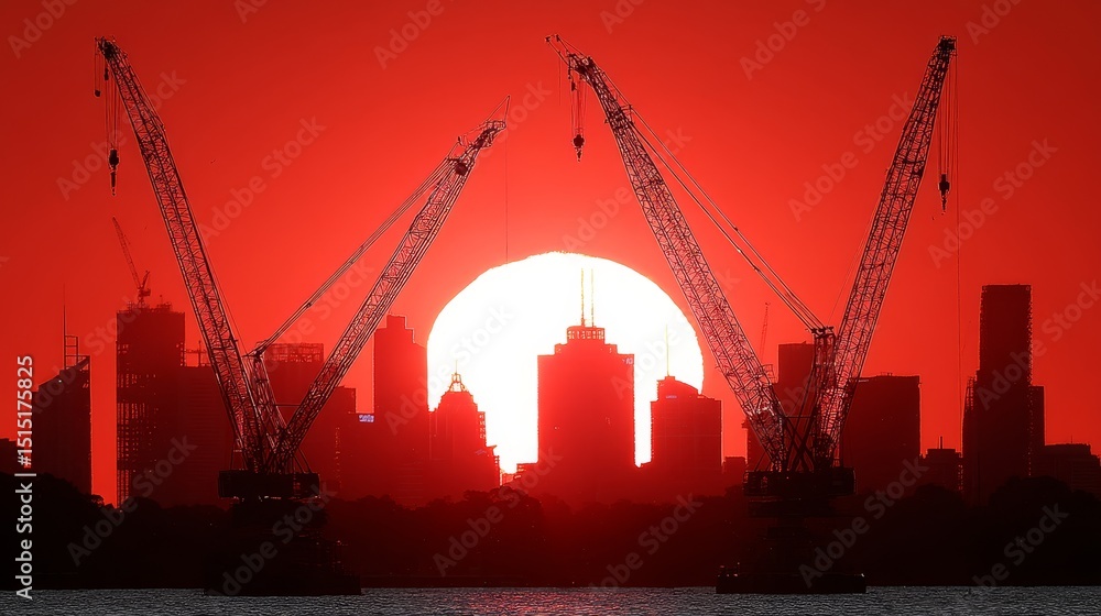 Obraz premium Crimson Sunset Over City Construction - Silhouetted cranes against a vibrant crimson sunset, symbolizing progress, industry, ambition, the passage of time, and urban development