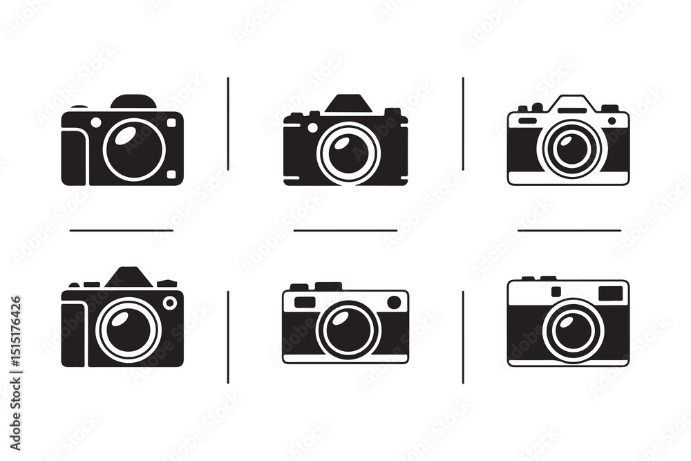 Camera Icons: A curated collection of camera icons showcases a range of retro and modern designs in sleek black and white. Camera Icons: A curated collection of camera icons showcases a range of retro and modern designs in sleek black and white.