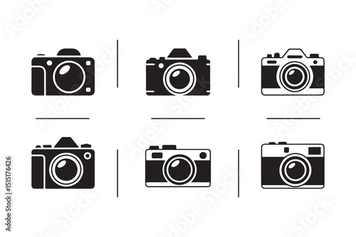 Camera Icons: A curated collection of camera icons showcases a range of retro and modern designs in sleek black and white.