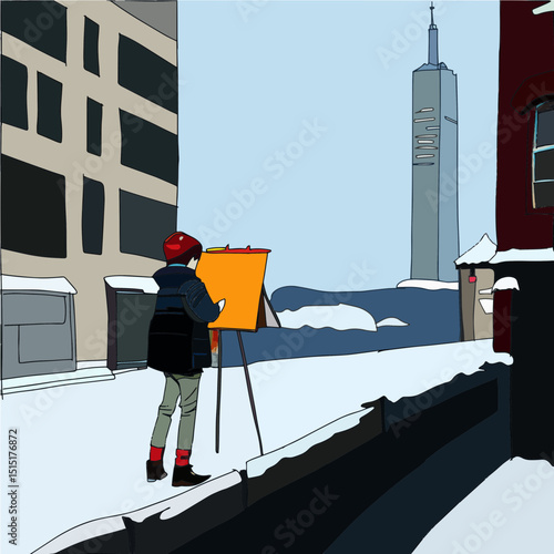 Artist is painting the picture of urban view in the city hand painted vector illustration 