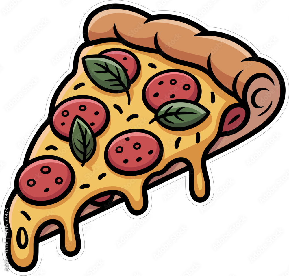 Fototapeta premium pizza slice vector stiker style Cartoon Pepperoni Pizza Slice with Cheese and Basil Food Sticker Vector