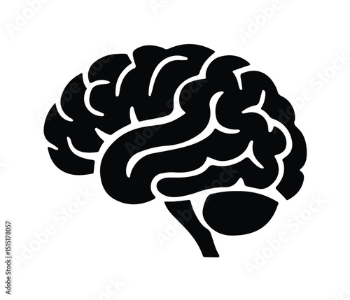 Black Silhouette Brain with Plus Sign for Medicine, Vector Brain Icon with Medical Cross Symbol