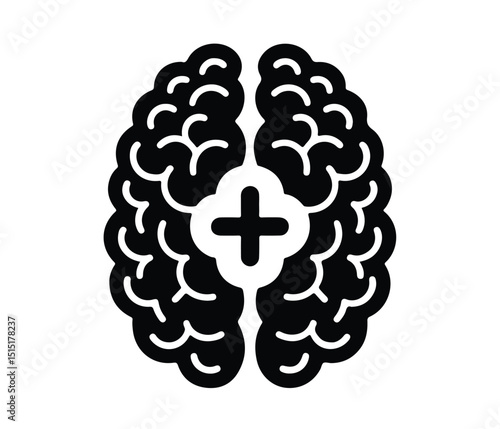 Black Silhouette Brain with Plus Sign for Medicine, Vector Brain Icon with Medical Cross Symbol