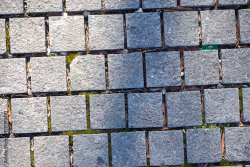 Natural stone paving with green moss in joints. Illustrates eco-friendly urban landscaping. Diagonal arrangement. Architectural background.
