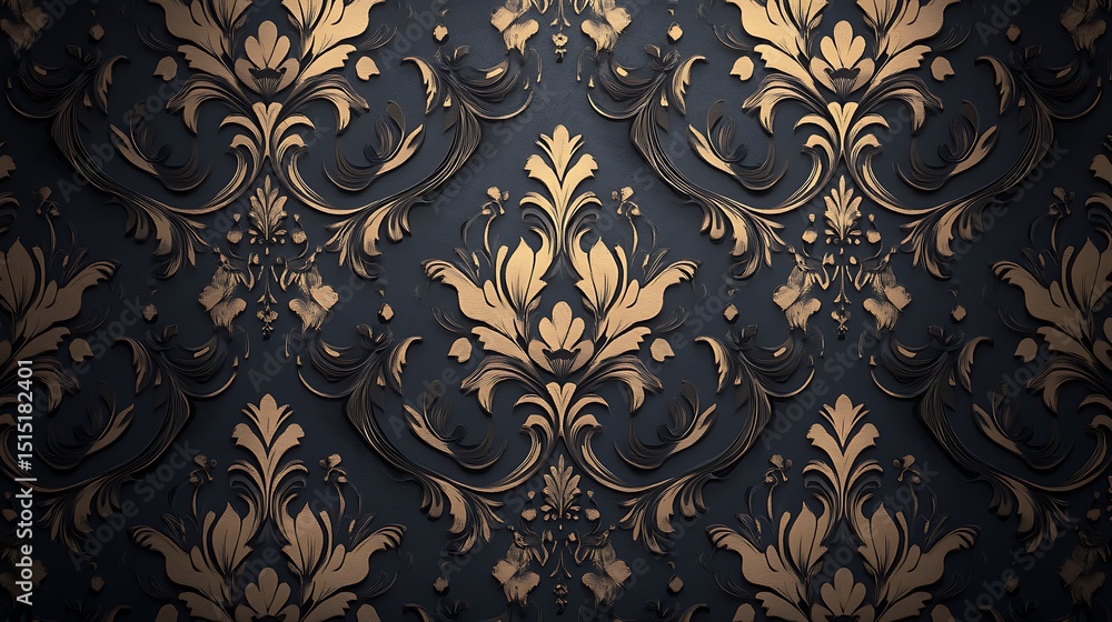 Elegant gold floral damask pattern on a dark background, creating a luxurious and vintage feel Elegant gold floral damask pattern on a dark background, creating a luxurious and vintage feel