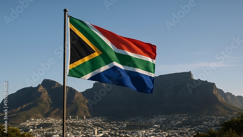 South african flag waving in the wind with table mountain and cape town's skyline under a clear blue sky, embodying national pride and the beauty of south africa