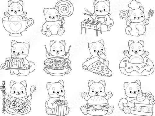 Coloring page of Fluffy Shiba Inu. Outline of Happy doggy illustrations.
