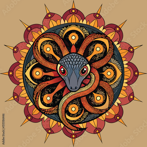 Detailed Snake Mandala with Warm Colors and Intricate Patterns