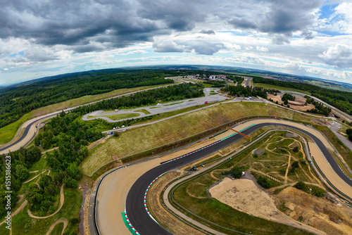 Beautiful drone shot of the race track from above. Automotodrom Brno – Masaryk Circuit. Motorcycle racing - Czech Republic - Europe.
