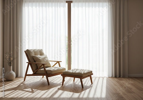 The minimalist interior design is bright with sunlight, featuring sheer curtains and light wood floors. A cushioned wooden chair and footrest are placed near the window.