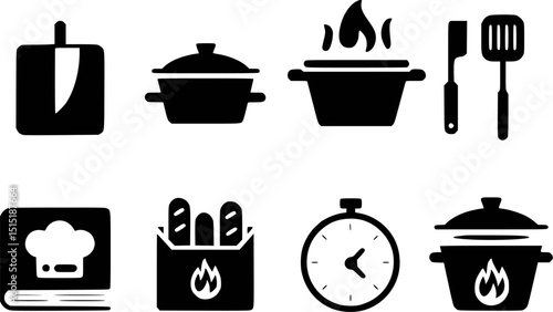 Cooking kitchen utensils and food icon set