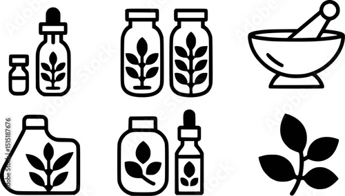 Herbal medicine and natural remedies icon set