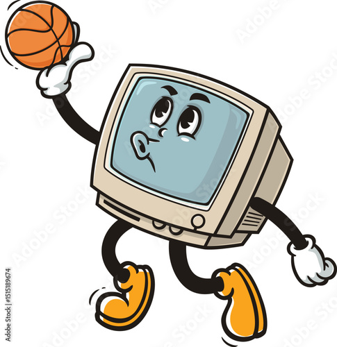 Retro computer character cartoon playing slam dunk basketball