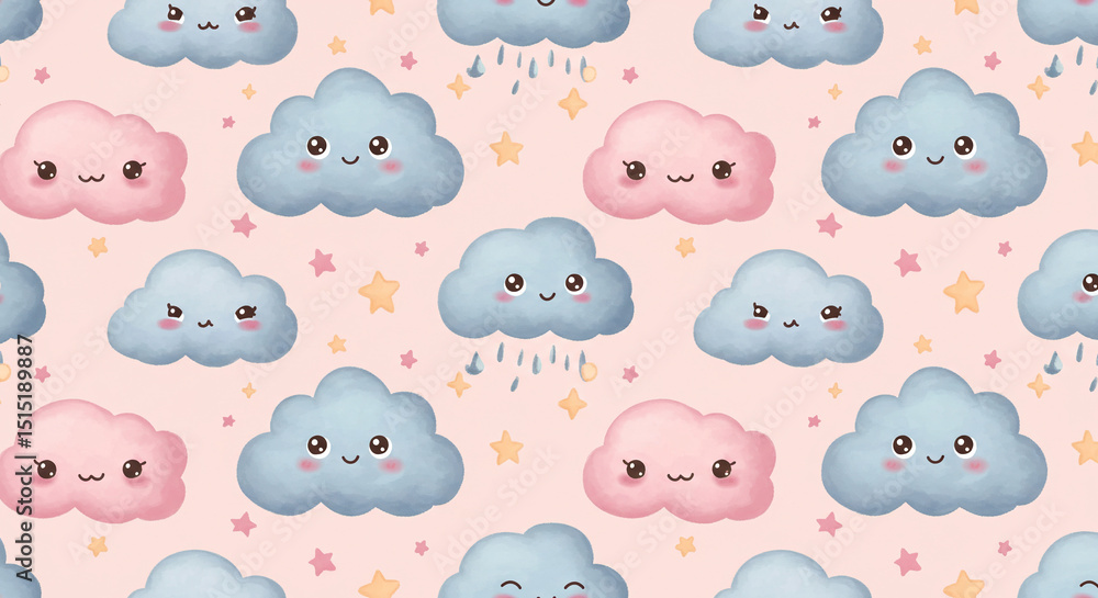 Fototapeta premium Cute clouds and stars pattern design for baby nursery decor and children's wallpaper background design