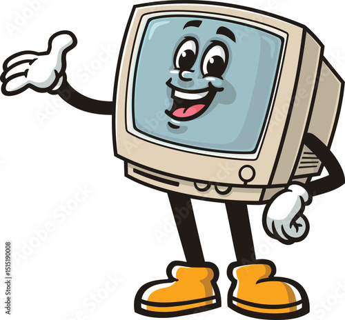 Retro computer character cartoon with welcoming pose