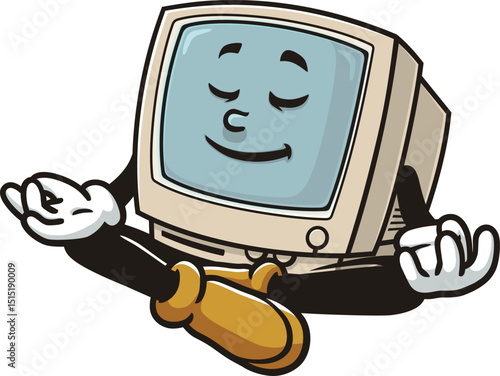 Retro computer character cartoon is meditating