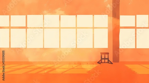 Sunlit empty room with large windows  a simple stool  and orange walls.  Concept of space  minimalism  serenity  and potential.