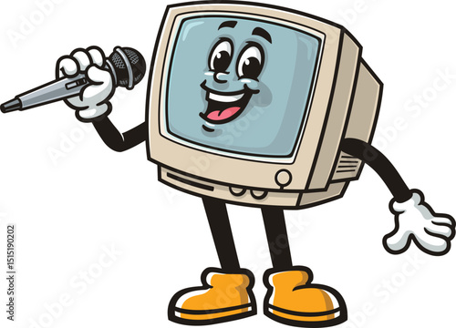 Retro computer character cartoon holding microphone and singing