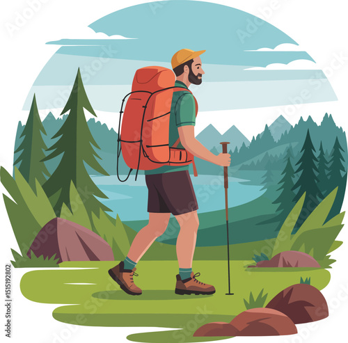 Hiker with backpack enjoying a scenic outdoor trek through mountains and forest landscape.