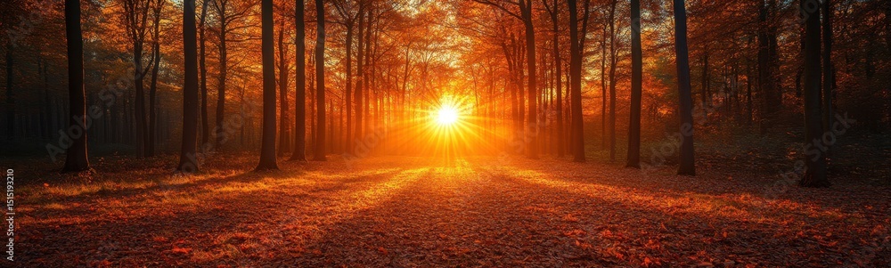 Obraz premium View of a forest with a sun shining through the trees banner