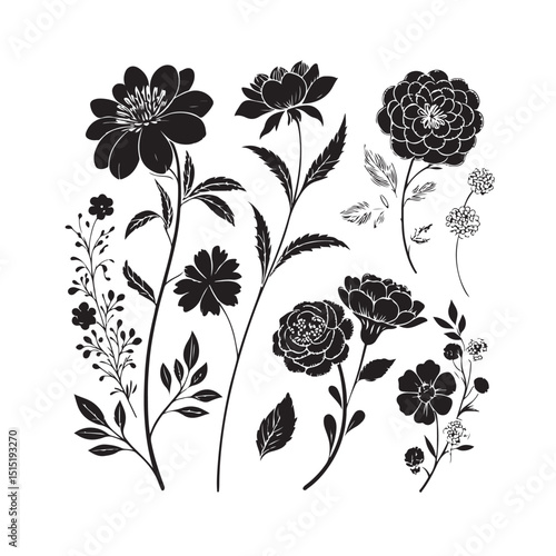 Black floral silhouettes in assorted styles for clean and artistic flower designs.