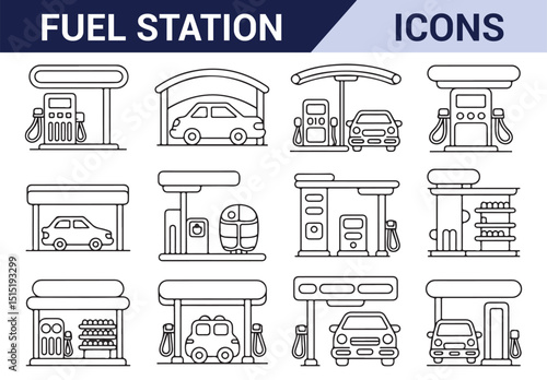 Fuel station and pump icons in line art, perfect for energy and transportation designs.