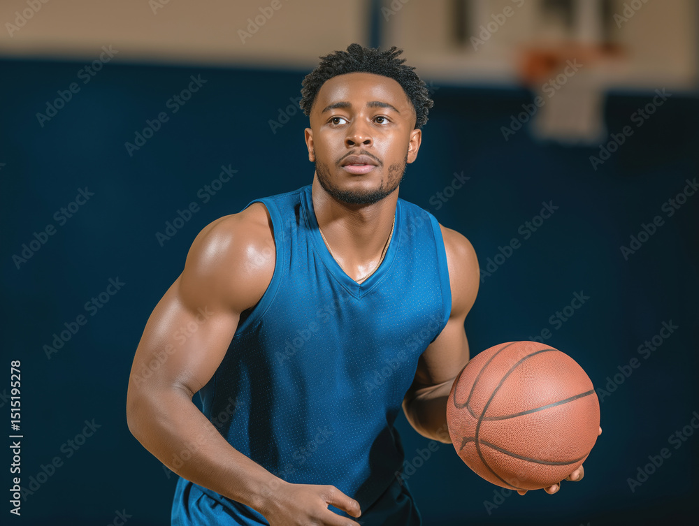 Naklejka premium Athletic male basketball player in blue jersey dribbling a basketball on court, showcasing focus and determination in a dynamic sports environment