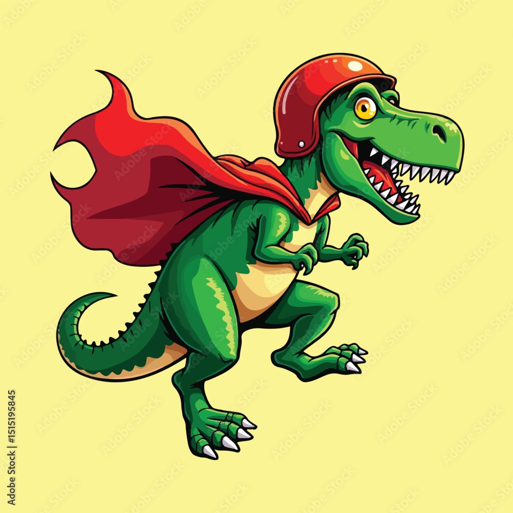 Obraz premium T-rex Dinosaur Skateboard Cartoon Helmet Cape Hero Vector Illustration