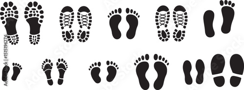  Human, baby footprints different Silhouette Set. Vector Footprint sets