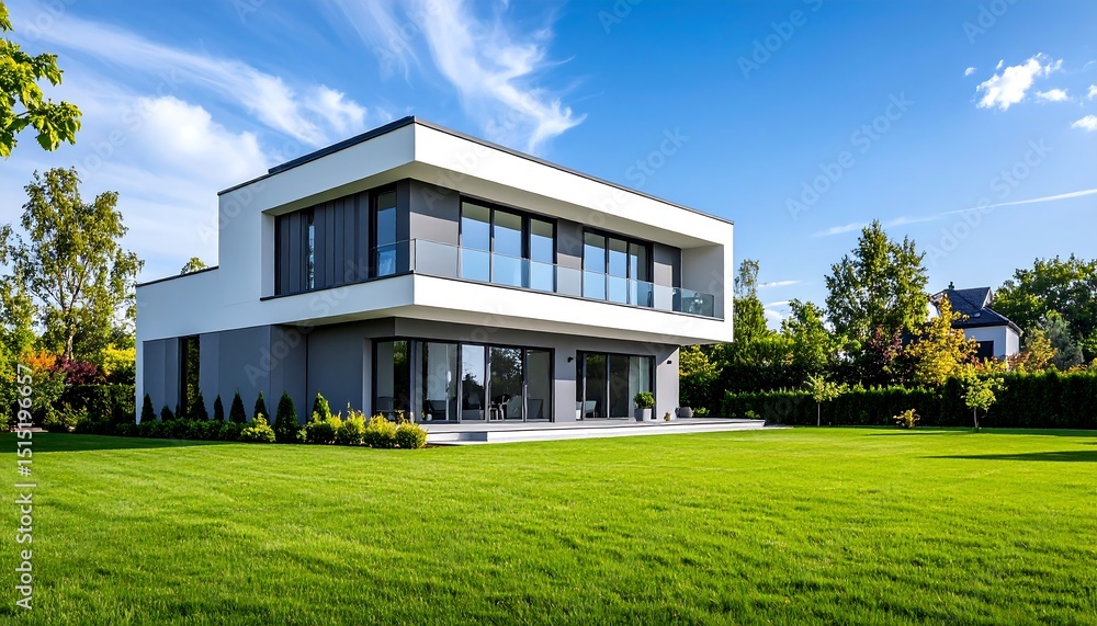 Fototapeta premium Modern house with green lawn, and sunny day.