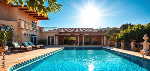 Sun-drenched Mediterranean villa with expansive balconies overlooking a sparkling pool    stone    estate