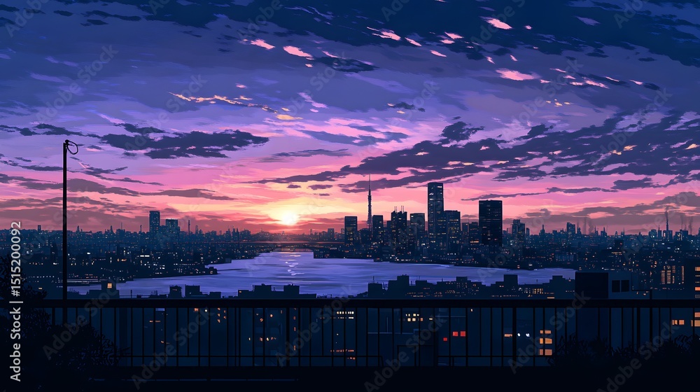 Fototapeta premium Sunset cityscape view from an elevated position.