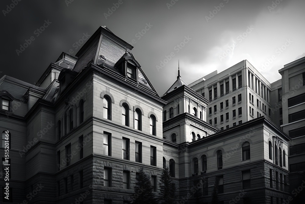 Imposing historic courthouse building in dramatic black and white Imposing historic courthouse building in dramatic black and white