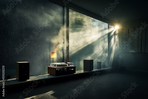 Sunbeams break through a window, illuminating a minimalist living room with a record player, lamp, and speakers, creating a calm and inviting atmosphere.