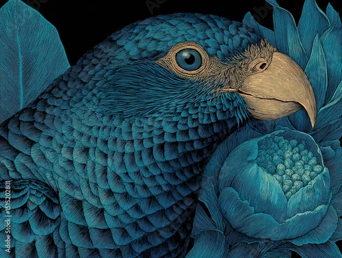 Fototapeta samoprzylepna Hyper-Realistic Line Art of Teal African Parrot Perched on Blue Flower Petal, Black Background with Detailed Feather Texture and Botanical Elements, High-Resolution Illustration
