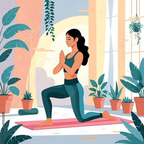 Vector illustration of a person doing morning yoga in a sunlit room