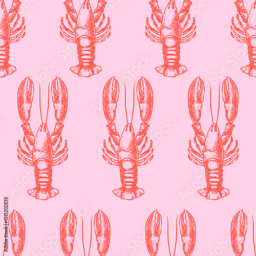 Red lobster seamless pattern. Vector hand drawn sketch illustration. Seafood doodle pink background. Print design