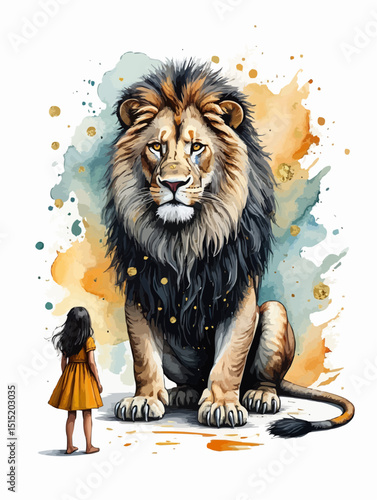  Young girl and large somber lion with tear standing before each other against a watercolor wash with gold flecks