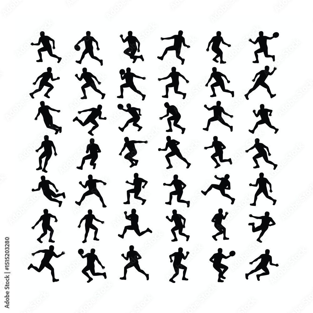 Diverse american football player silhouettes action poses set Diverse american football player silhouettes action poses set