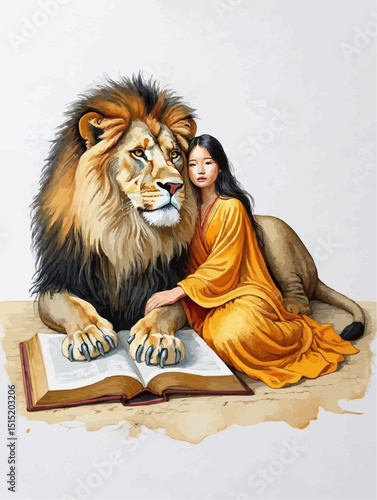 Young woman and docile lion peacefully sharing a book representing harmonious coexistence in a classical mythological style.