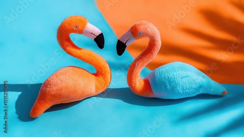 Two flamingo toys on a vibrant orange and blue background, radiating joy and optimism.
