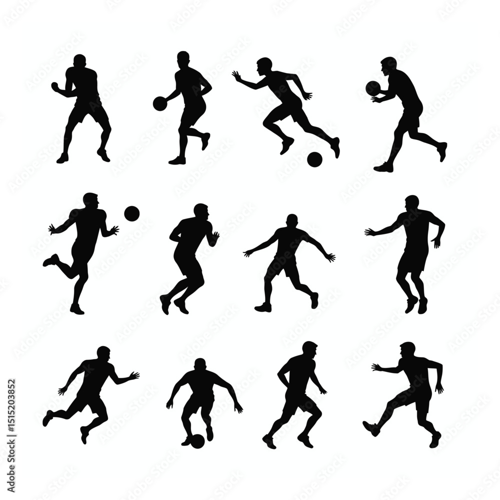 Twelve silhouettes of men playing basketball and american football set Twelve silhouettes of men playing basketball and american football set