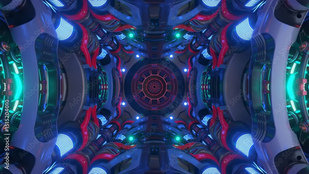 Kaleidoscopic spaceship corridor rotating with pulsing, vibrant lights, generating mesmerizing visual journey through futuristic technological space environment Kaleidoscopic spaceship corridor rotating with pulsing, vibrant lights, generating mesmerizing visual journey through futuristic technological space environment