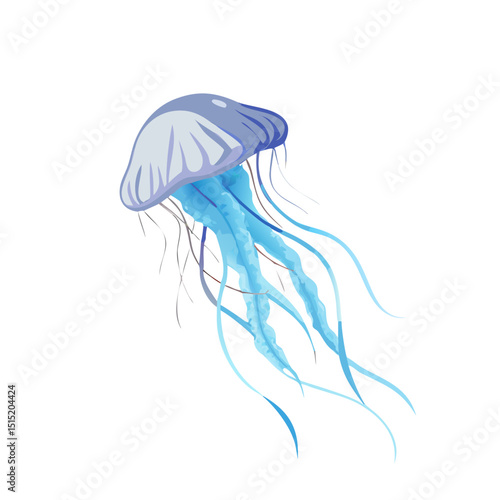 Vector illustration of a graceful jellyfish drifting with flowing translucent tentacles on white background